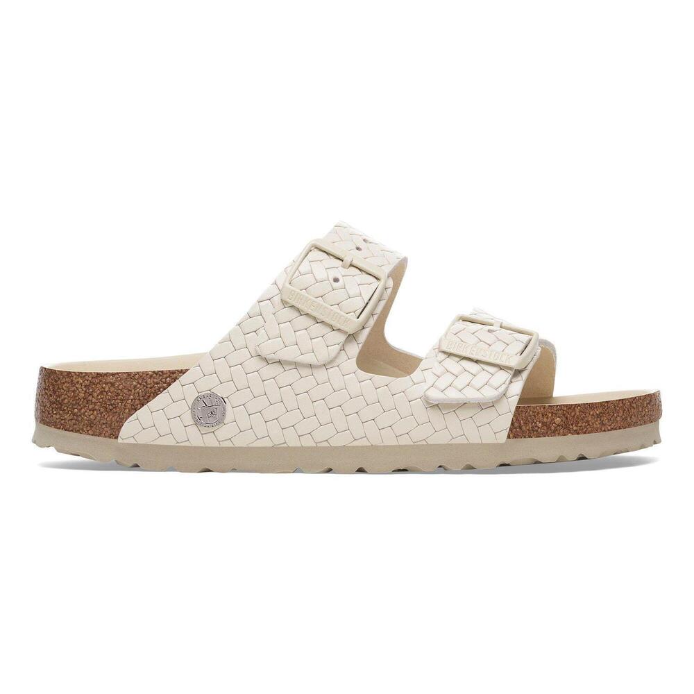 NEW BIRKENSTOCK women's arizona rivet logo woven embossed sandals in ecru